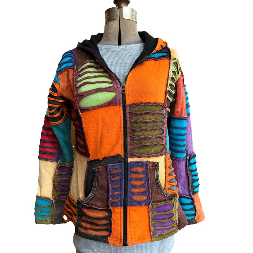 Vintage Nepali Patchwork Razor Cut Hoodie Zip Up Brightly Colored Fleece Lined